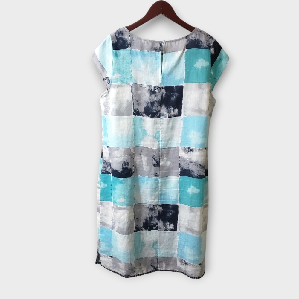 FOIL 100% Linen Abstract Block Print Shift Dress Blue Pom Pom Hem Sz 14 - Picture 4 of 11